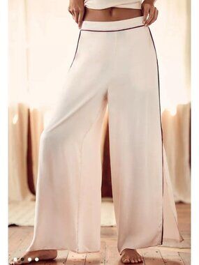 by Anthropologie XL Wide Slit Leg Pants Satin Sheer Side Piping Boho Lagenlook